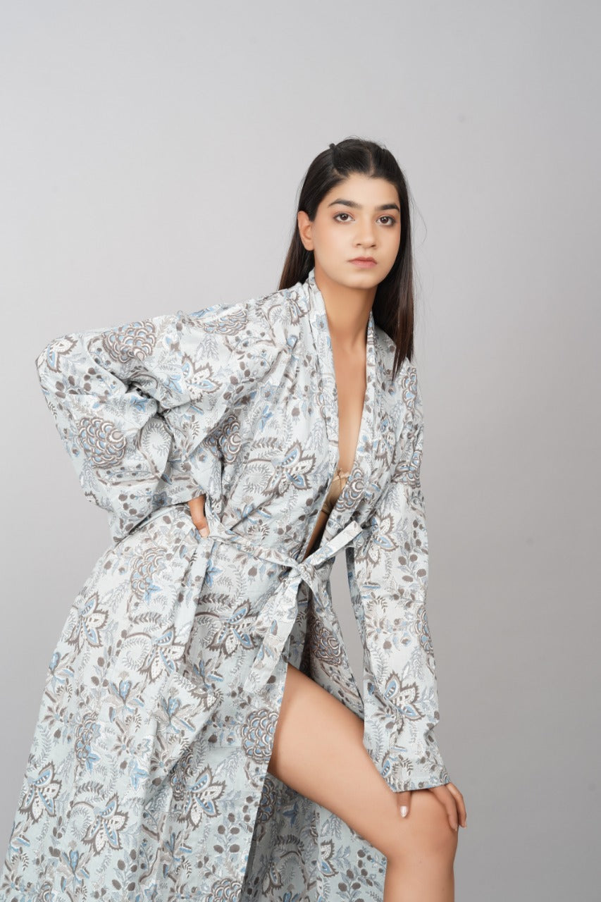 Kimono Bath Robes/ Night Suit Grey Floral - The Teal Thread