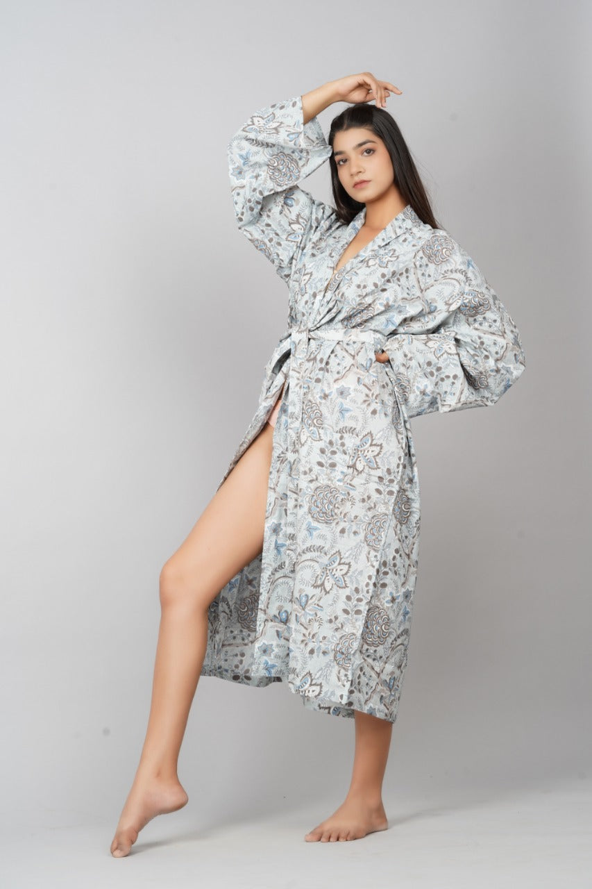 Kimono Bath Robes/ Night Suit Grey Floral - The Teal Thread