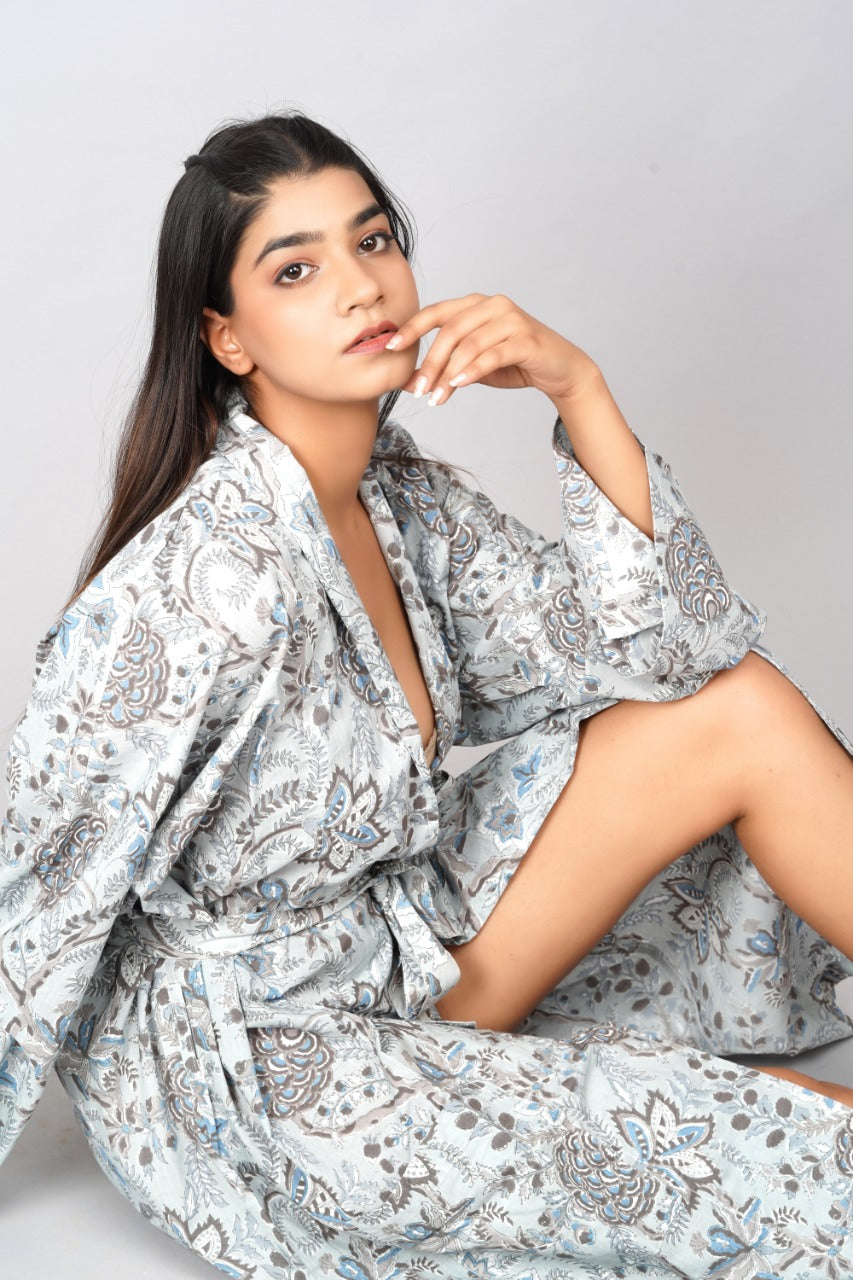 Kimono Bath Robes/ Night Suit Grey Floral - The Teal Thread