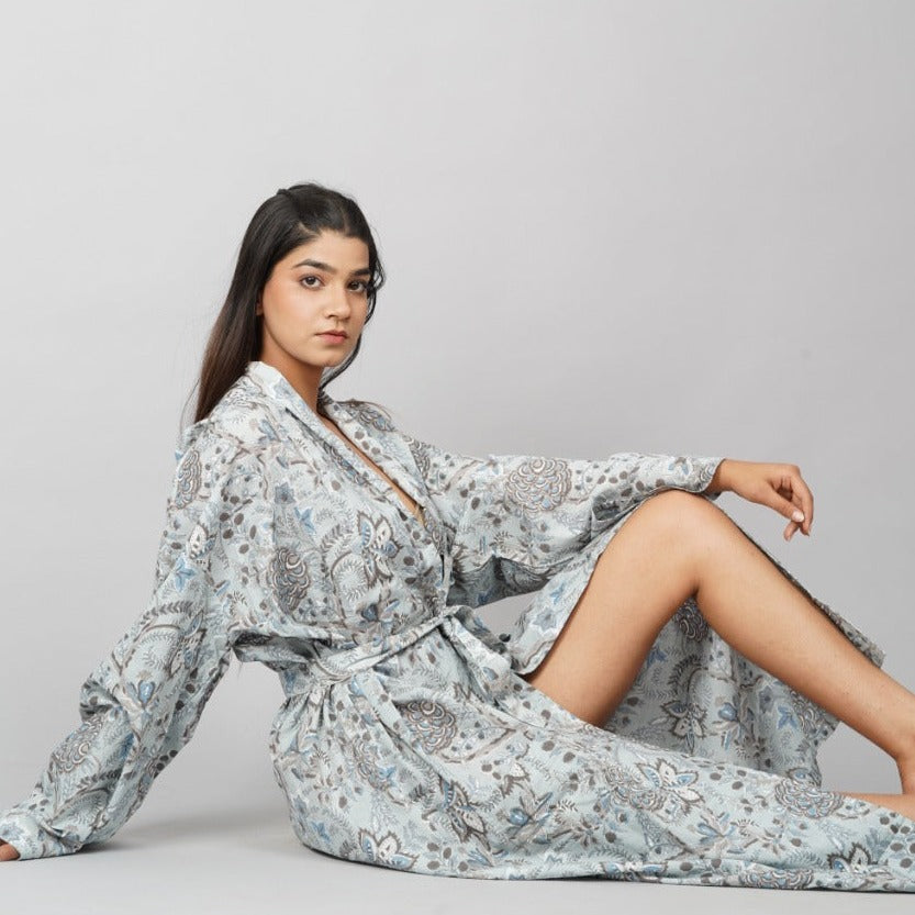 Kimono Bath Robes/ Night Suit Grey Floral - The Teal Thread