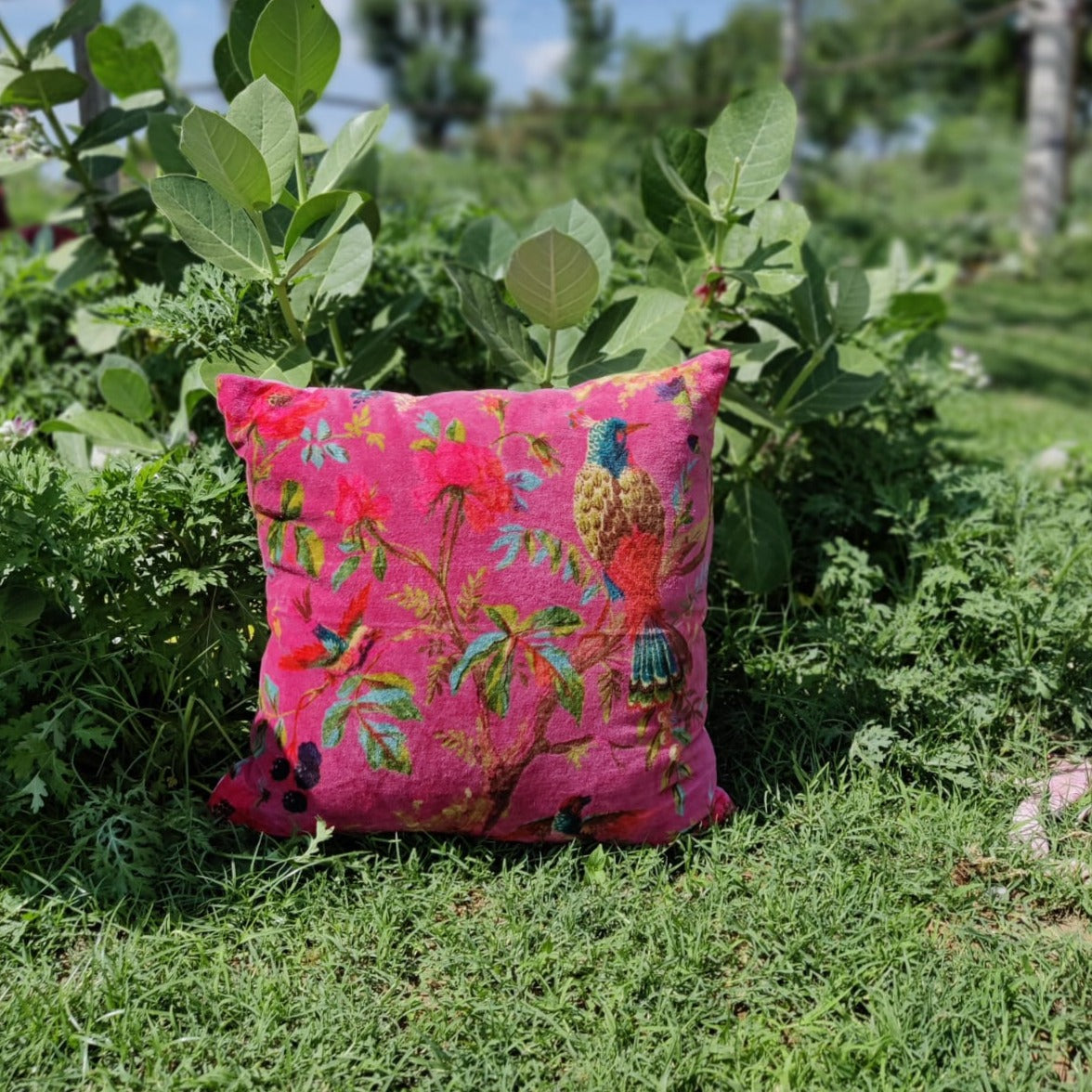 Birds of paradise Velvet Cushion Cover Magenta The Teal Thread
