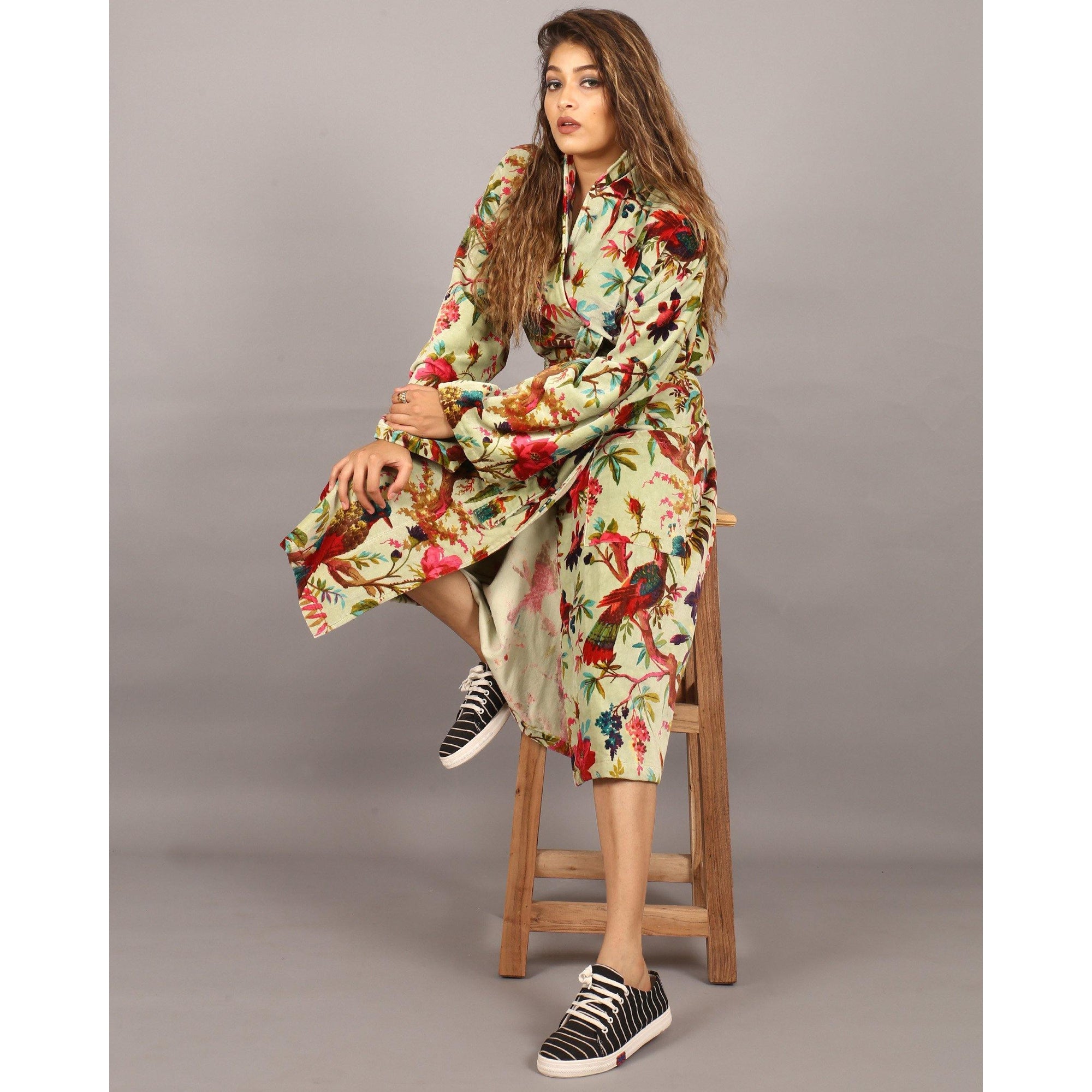 Velvet Kimono Jacket Birds of Paradise Light Green The Teal Thread